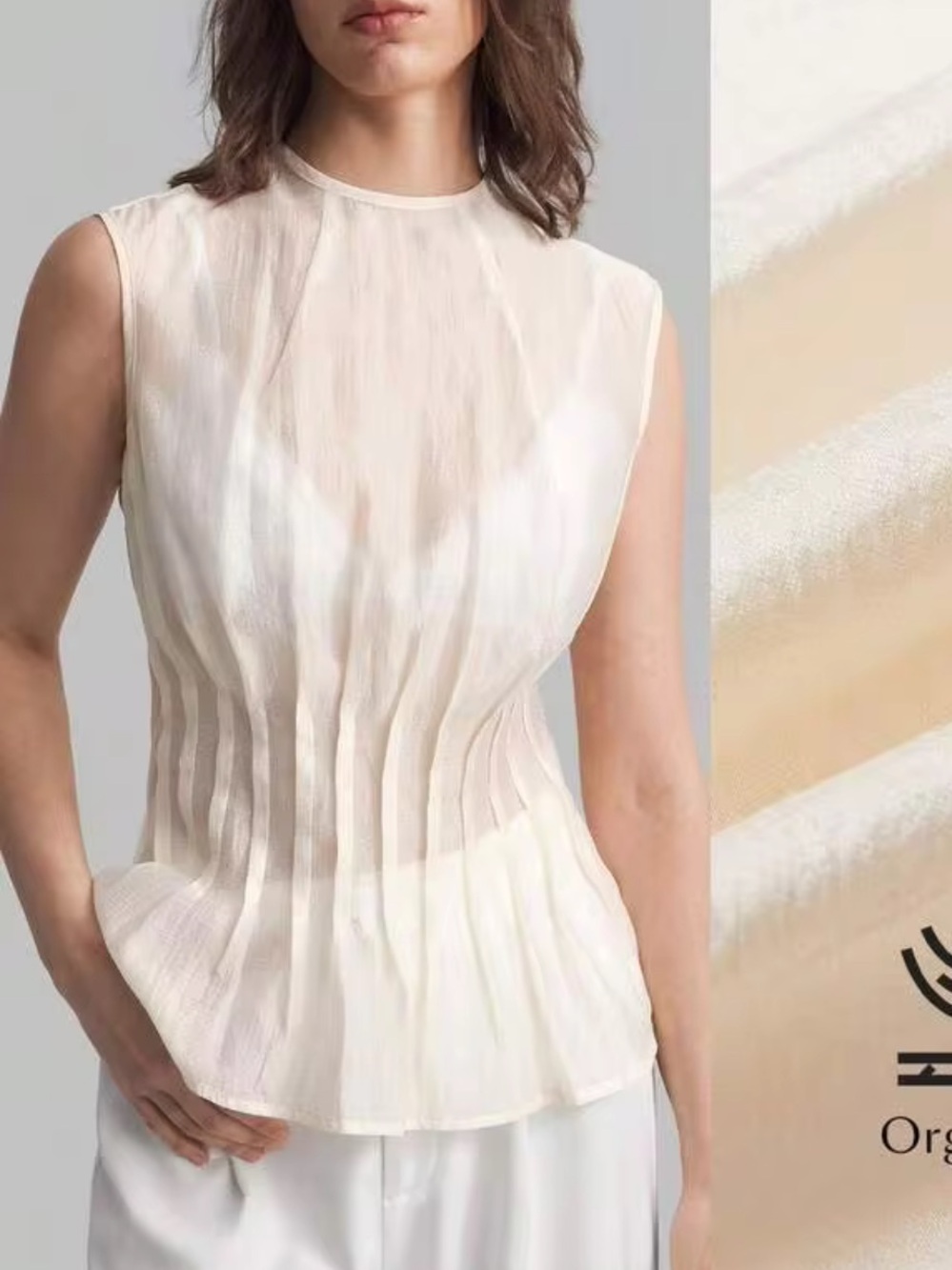 Organza semi sheer Ivory Cream Pleated Women's Top - Picture 6 of 7